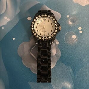 Elegant Black Quartz Watch with Crystal Accents